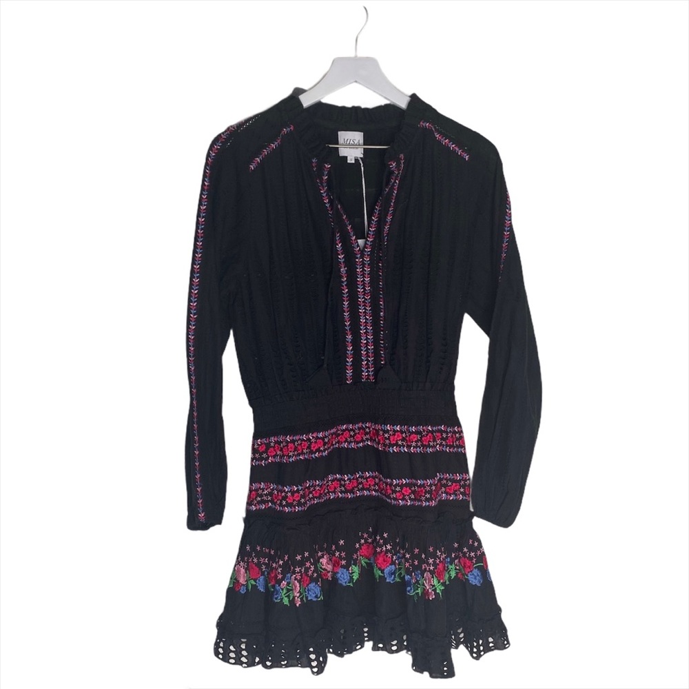 MISA Los Angeles Manuela Embroidered Dress Black
